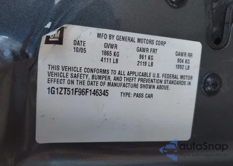 2006 Chevrolet Malibu Lt z USA, uszkodzony, nr VIN 1G1ZT51F96F146345